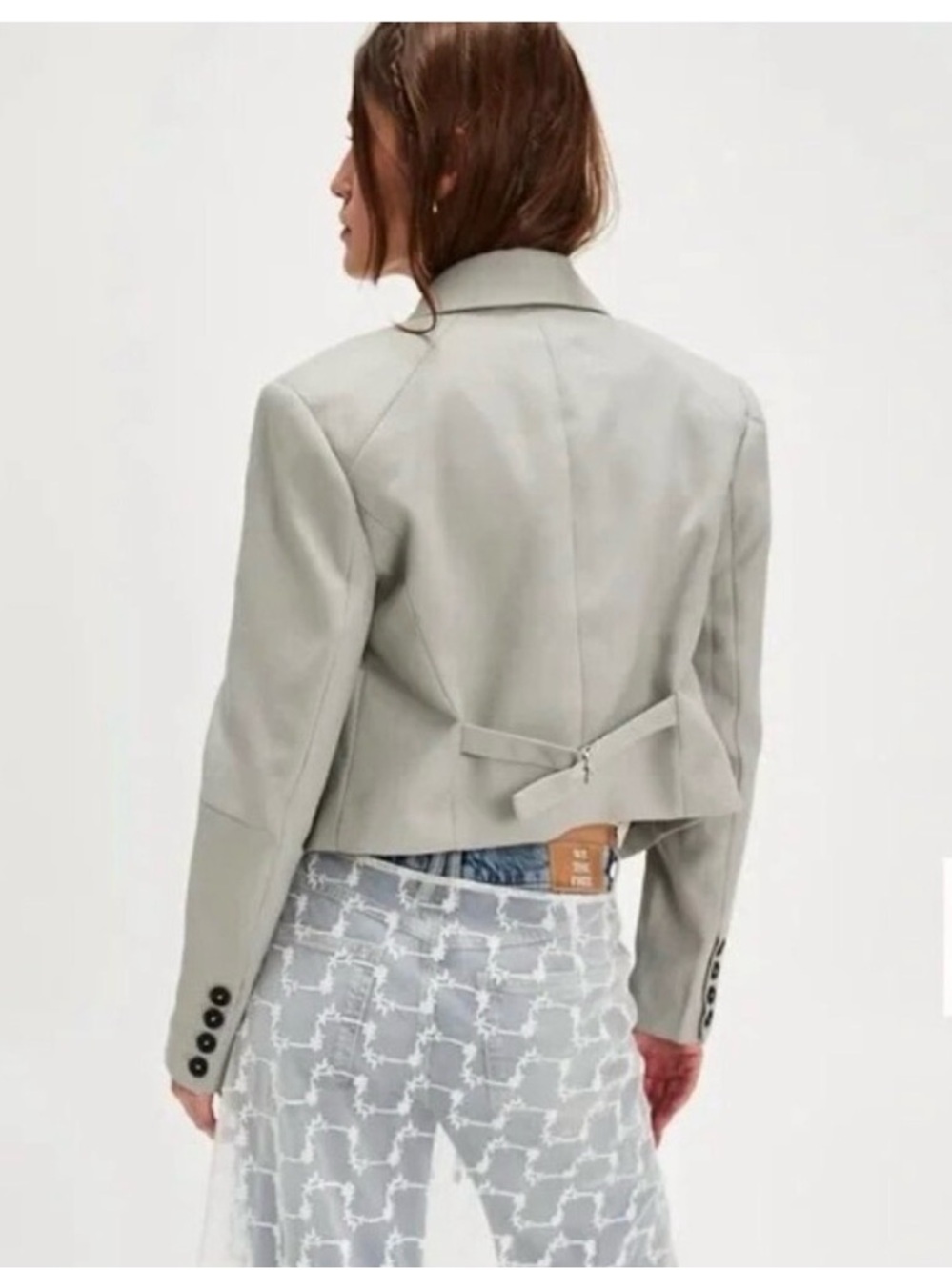 NWT Free People Betty Dbl Breasted Cropped Blazer Gray Tonal Windowpane Plaid XL - Picture 3 of 5